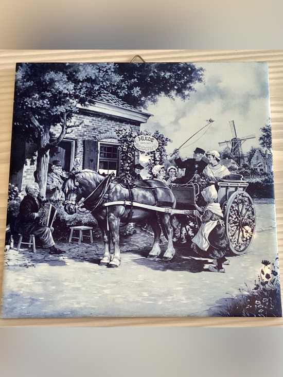 Royal Holland Mosa Other - Vintage Royal Holland MOSA Blue Delft Tile Horse & Carriage Tavern 6”x6”